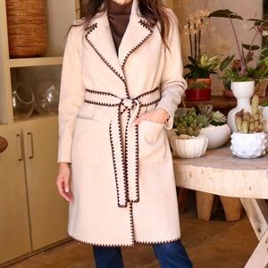 Stylish Beige Coat with BrownTrim size medium petite